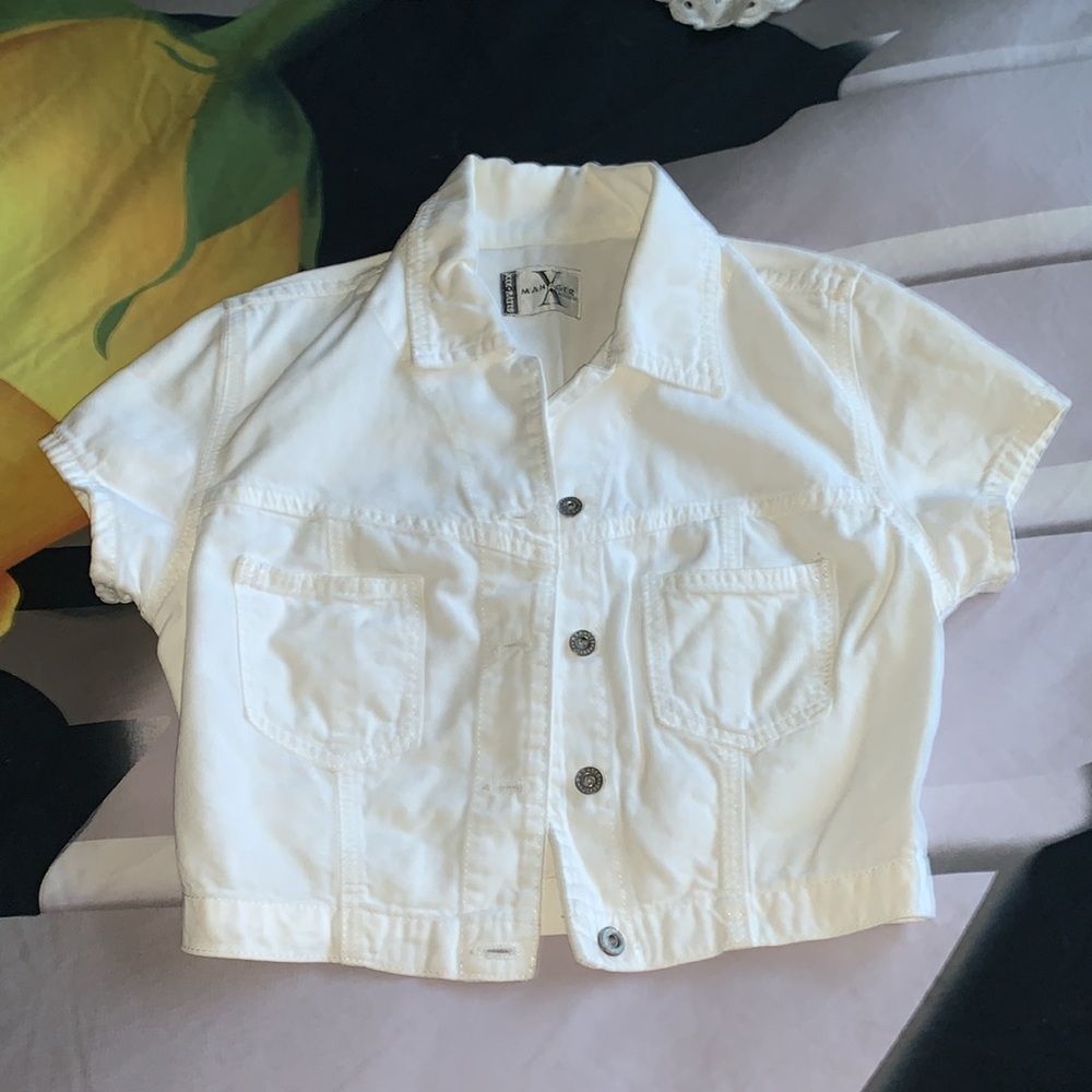 Vtg 90s Manager cap sleeve cropped white denim jean jacket top S